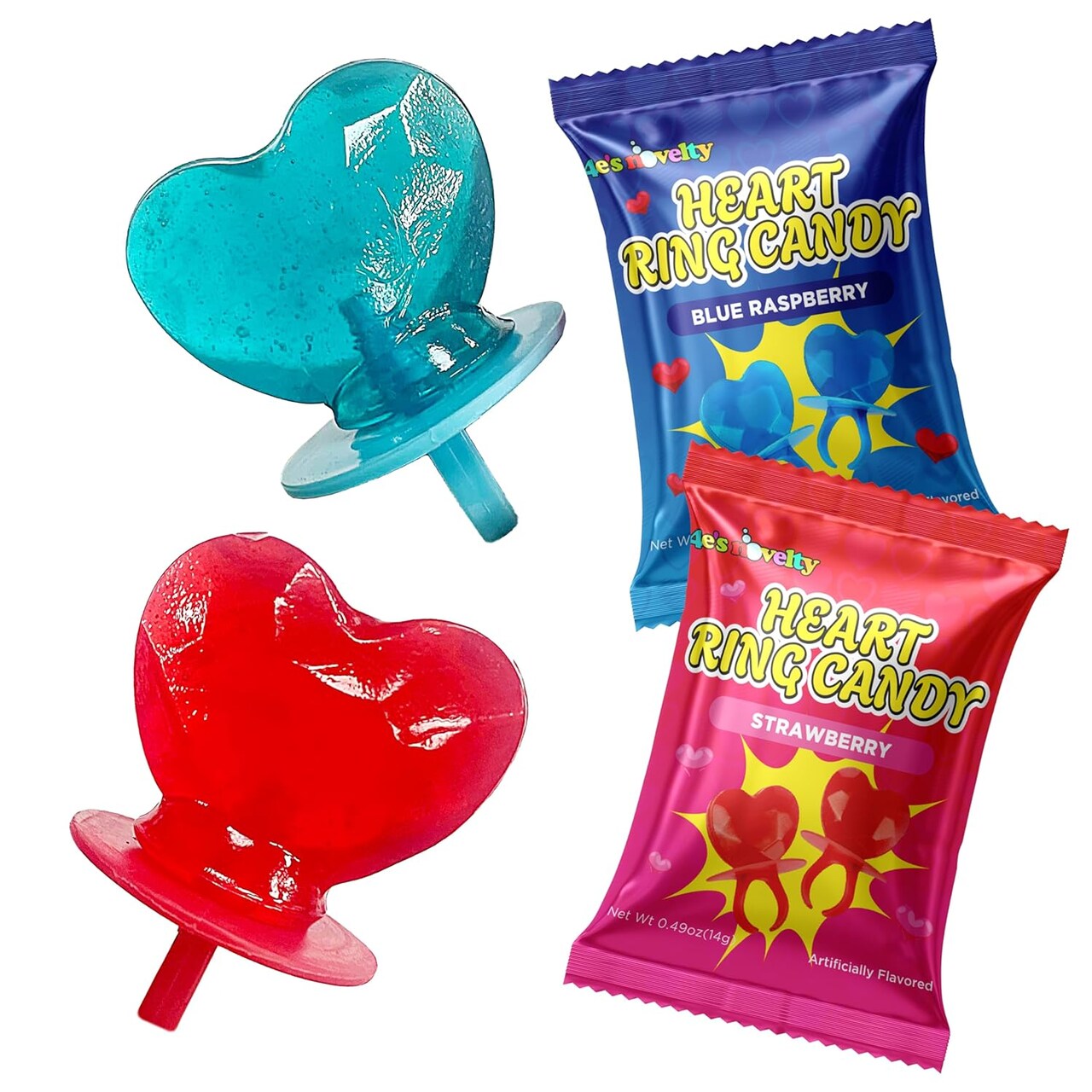 4E's Novelty Blue And Red Heart Wearable Candy Rings Candy Lollipops (30 Ct Bulk) - Heart Shaped Lollipops Individually Wrapped, Rings Candies Party Pack For Kids Valentines Day Candy Classroom Exchange